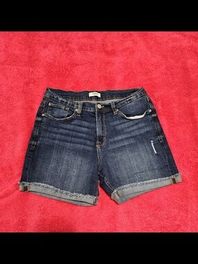 Kensie Dark Blue Frayed Hem Denim Shorts